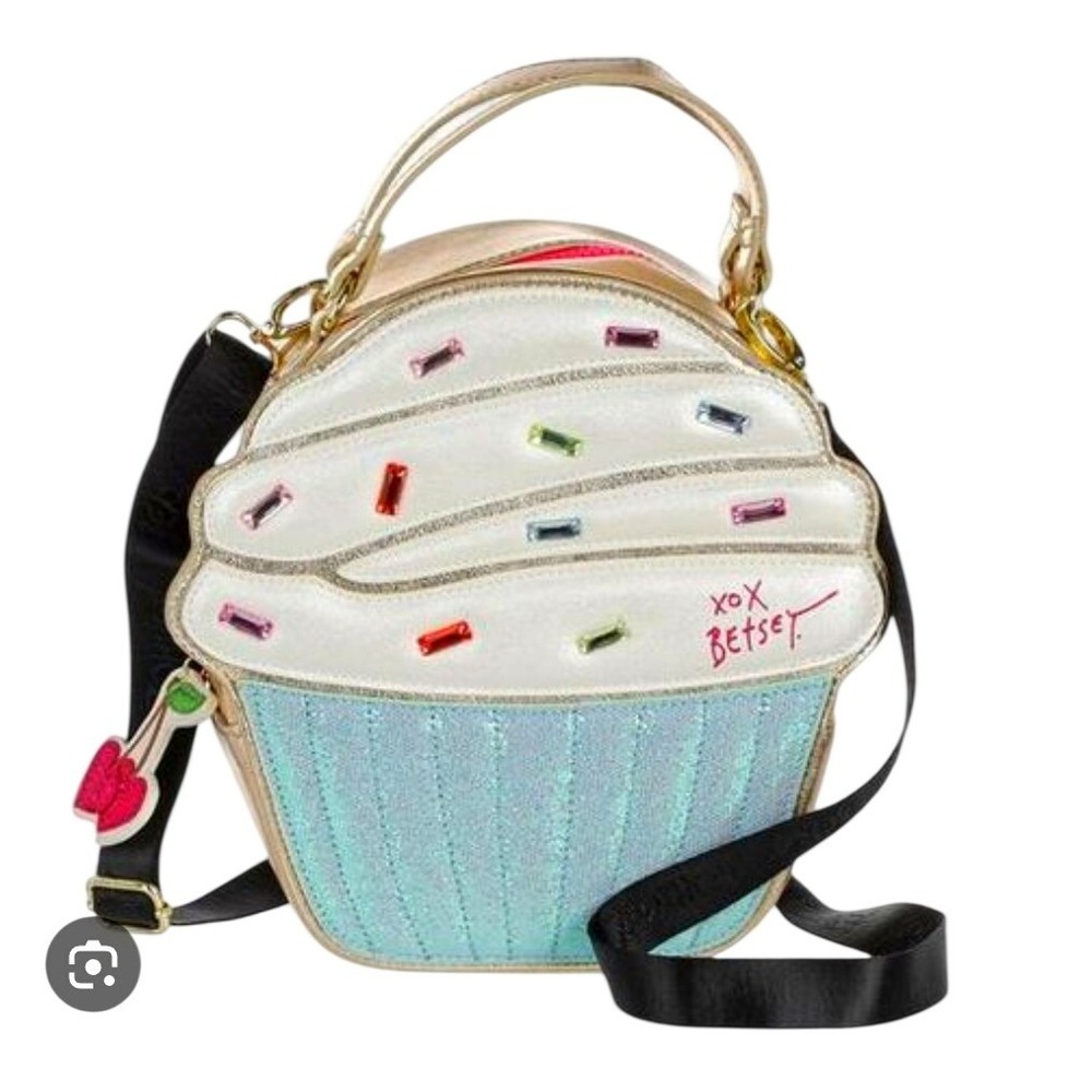 Betsey Johnson Cupcake Glitter Crossbody Bag Small Gold Rhinestone Retro KItsch